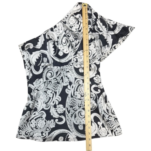 Vintage CACHE Y2K One shoulder top SILK Blouse 
Black and White Size Small - Picture 11 of 12